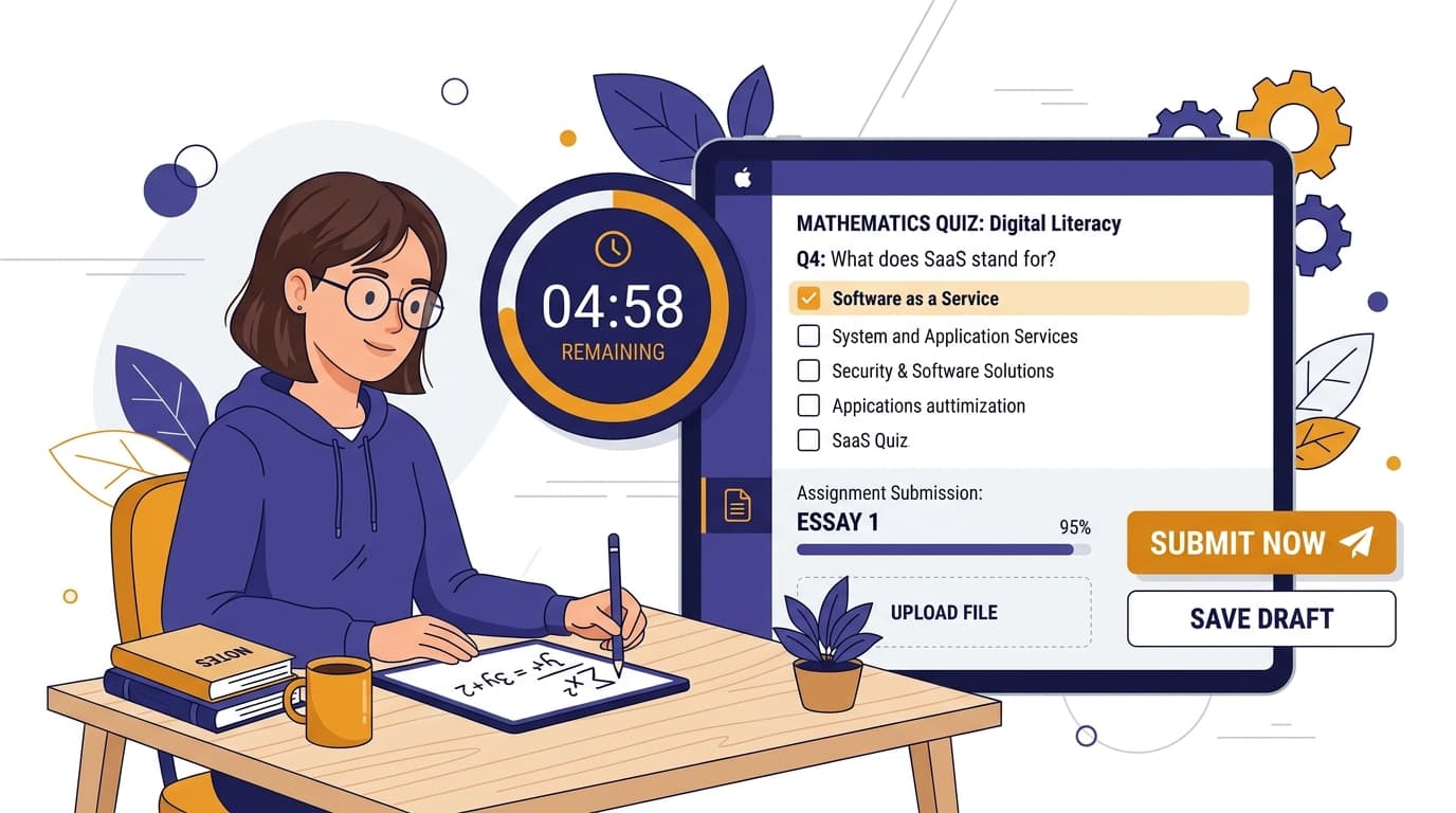 Assessment builder showing MCQ quiz with countdown timer