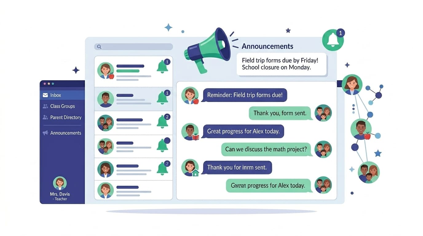 Communication hub showing messaging between teachers and parents