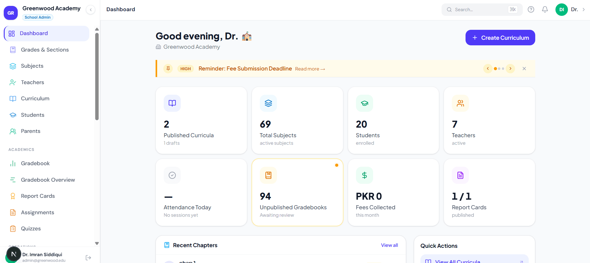 Skolex admin dashboard showing student, attendance and fee overview